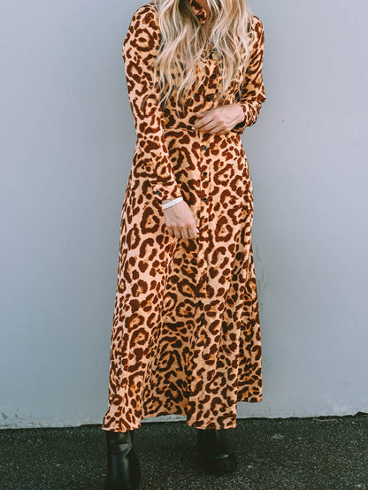 Wild Leopard Print V-Neck Maxi Dress with Button Detail