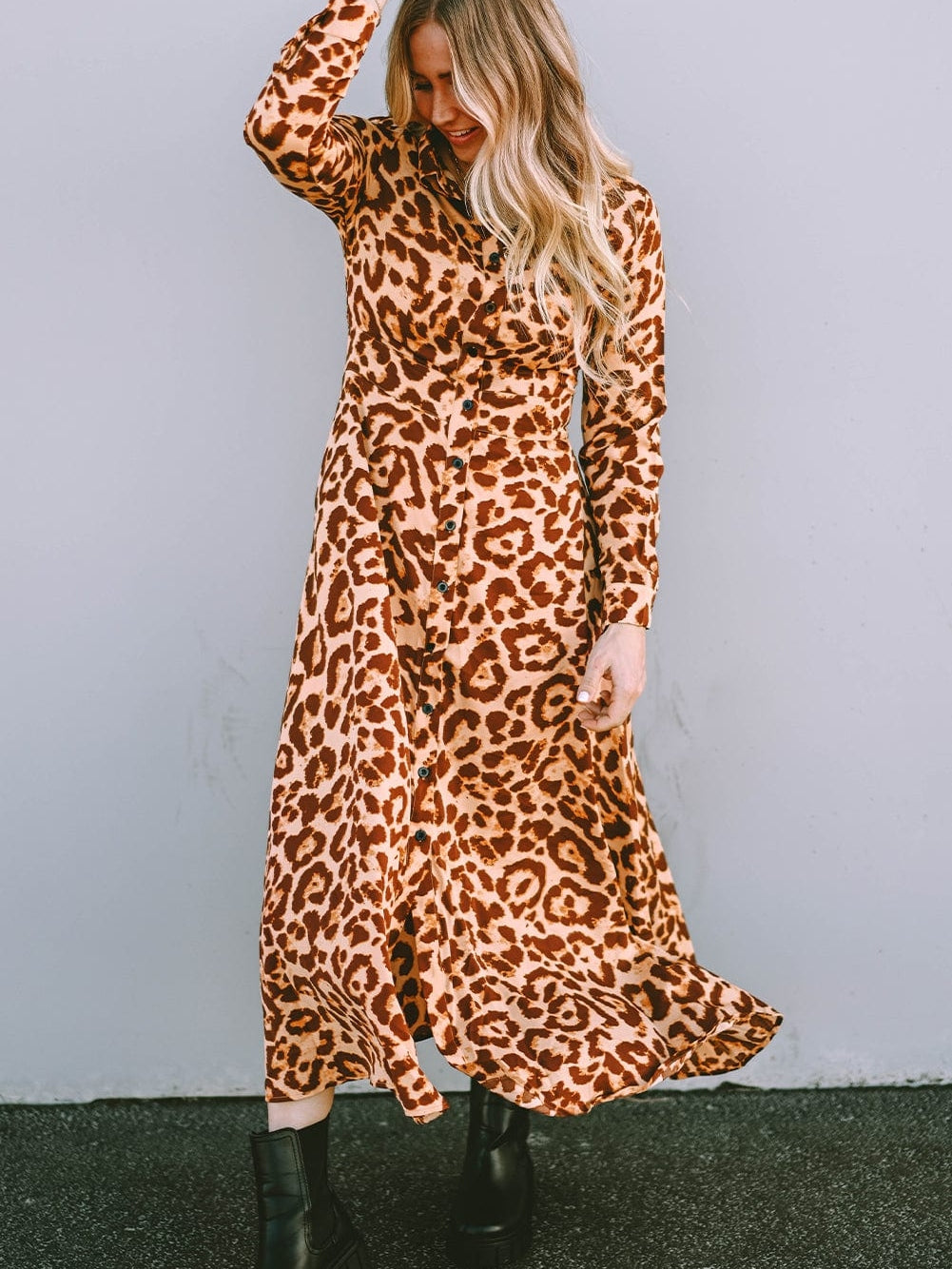 Wild Leopard Print V-Neck Maxi Dress with Button Detail