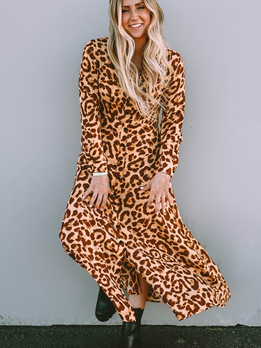 Wild Leopard Print V-Neck Maxi Dress with Button Detail
