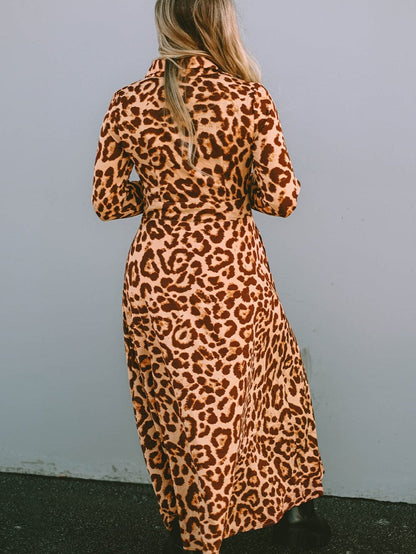 Wild Leopard Print V-Neck Maxi Dress with Button Detail
