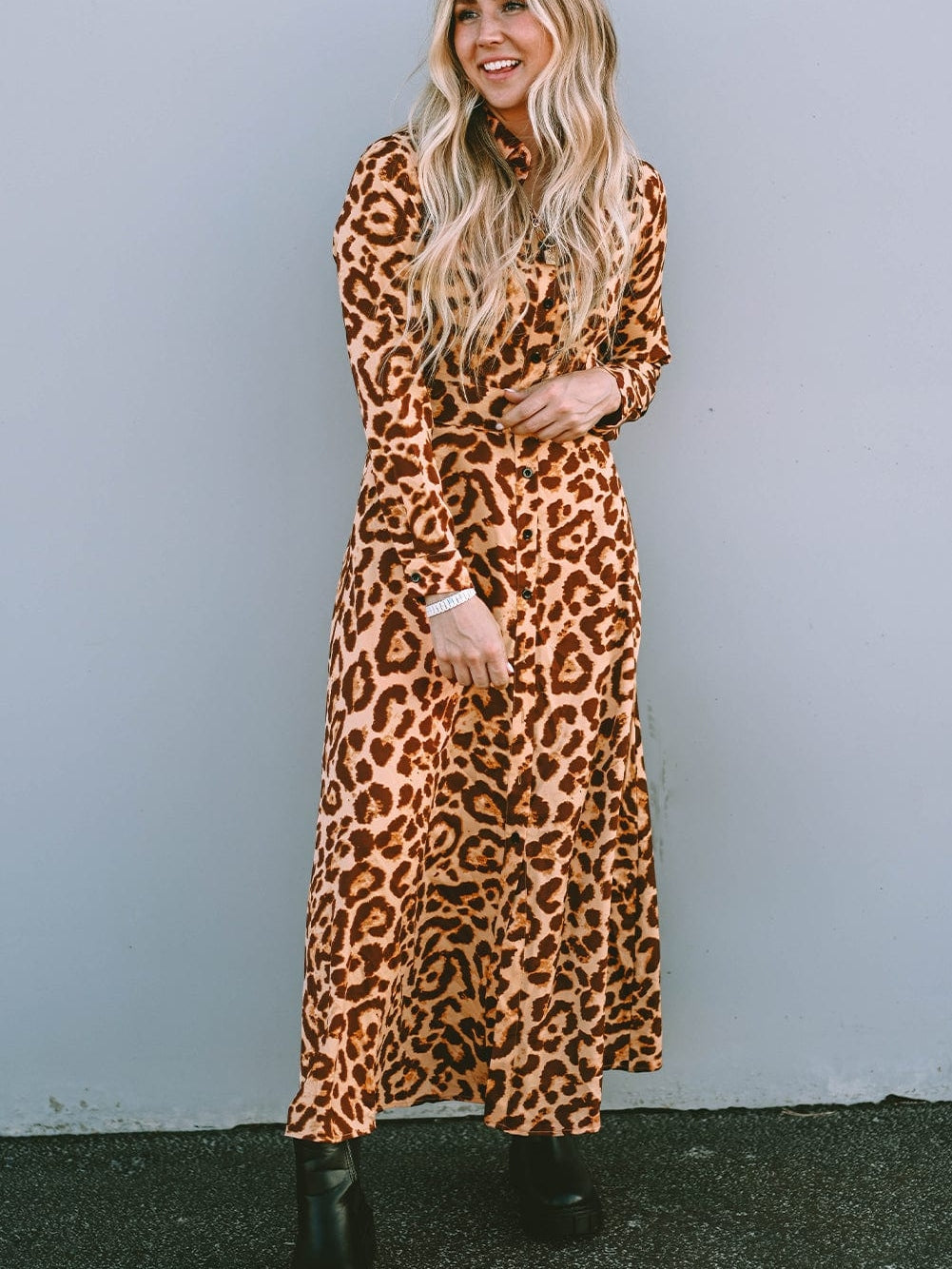 Wild Leopard Print V-Neck Maxi Dress with Button Detail