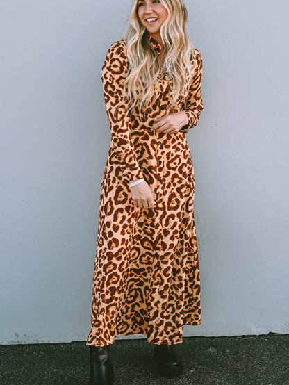 Wild Leopard Print V-Neck Maxi Dress with Button Detail