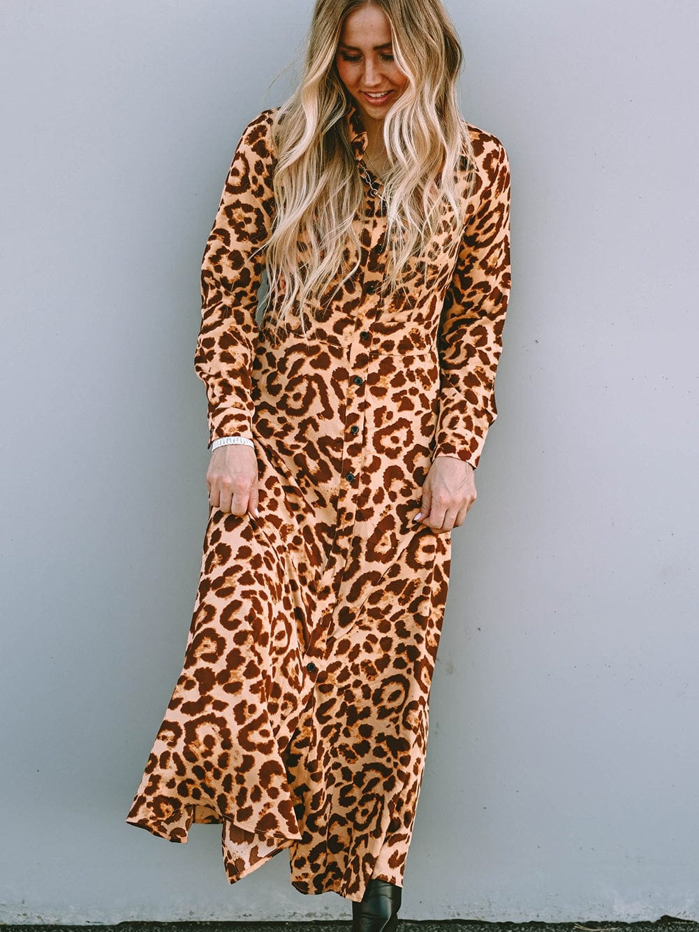 Wild Leopard Print V-Neck Maxi Dress with Button Detail