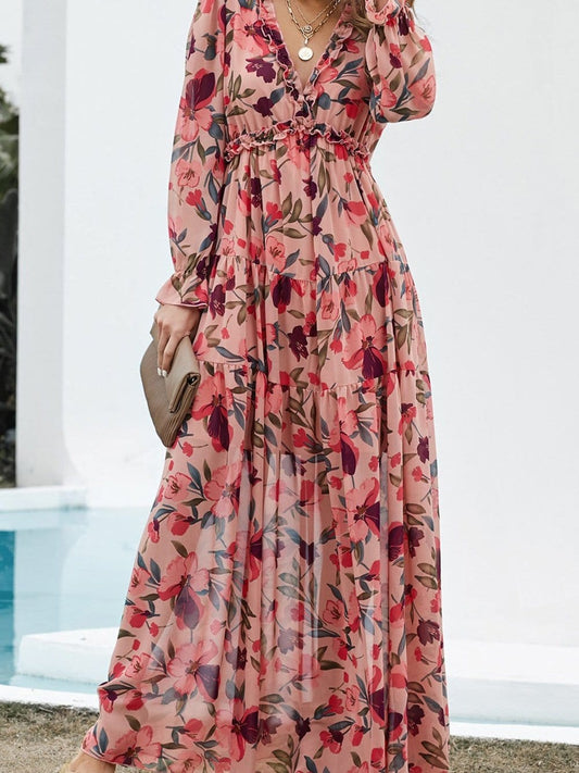 Wild Orchid V-Neck Ruffle Maxi Dress