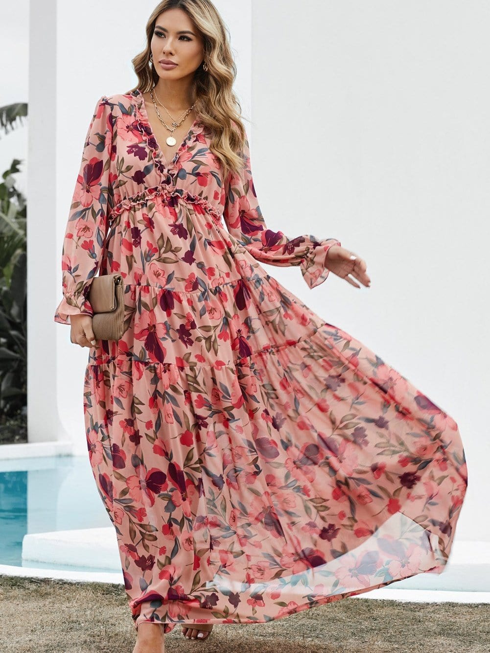 Wild Orchid V-Neck Ruffle Maxi Dress