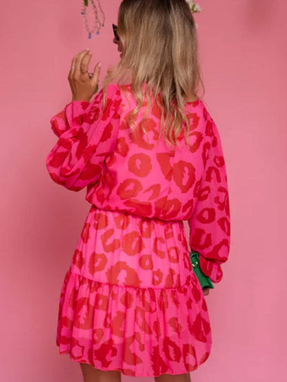 Wild Rose Leopard Print Flounce Sleeve Ruffle Mini Dress