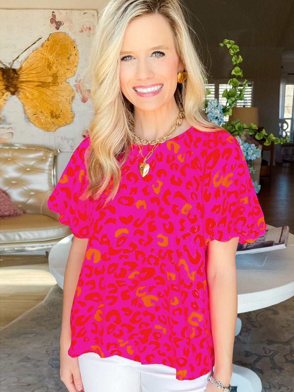 Wild Rose Leopard Print Puff Sleeve Blouse