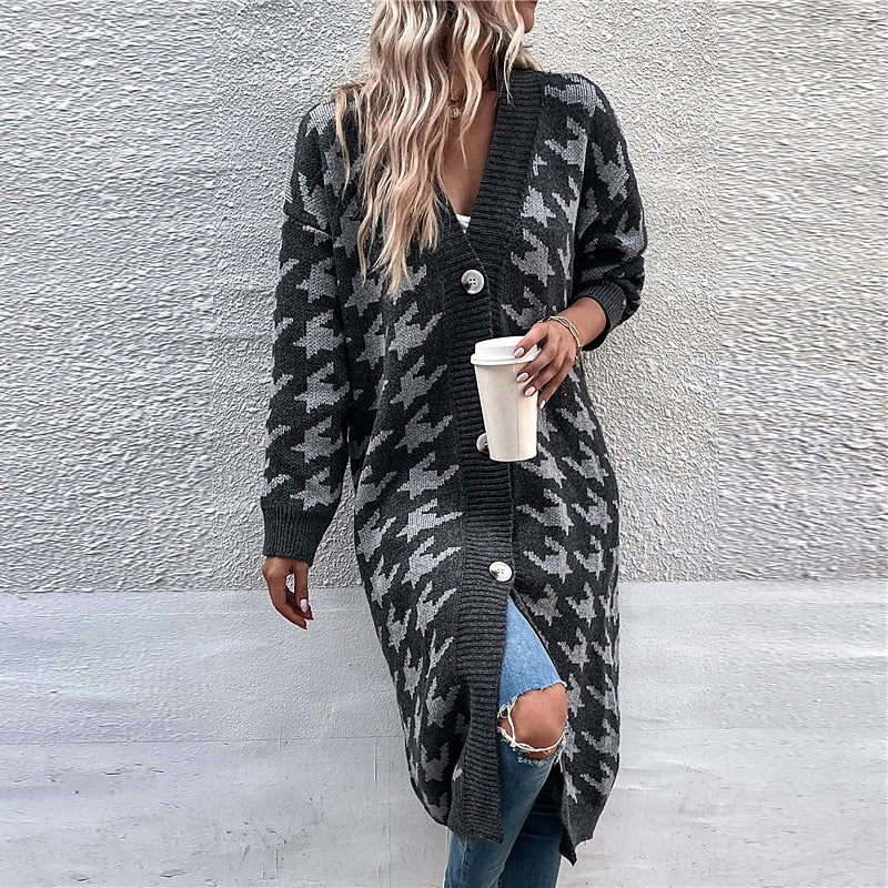 Women's Cardigan Sweater Jumper Ribbed Knit Tunic Button Knitted Houndstooth V Neck Stylish Elegant Outdoor Daily Winter Fall Fuchsia Gray S M L / Long Sleeve / Holiday / Casual / Regular Fit