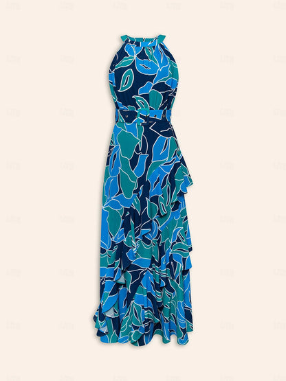 Floral Ruffle Chiffon Maxi Dress(Belt Included）