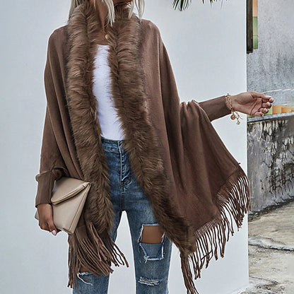 Women's Poncho Sweater Open Front Ribbed Knit Acrylic Tassel Knitted Fall Winter Tunic Outdoor Daily Going out Stylish Casual Soft Long Sleeve Pure Color Black Pink Wine S M L