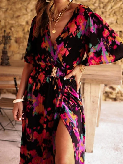 Women's Dress - Long Dress Maxi Dress Casual Dress Floral Dress Boho Dress Floral Casual Outdoor Daily Going out Lace up Split Long Sleeve V Neck Dress Loose Fit Black Red Green Fall Spring S M L XL XXL