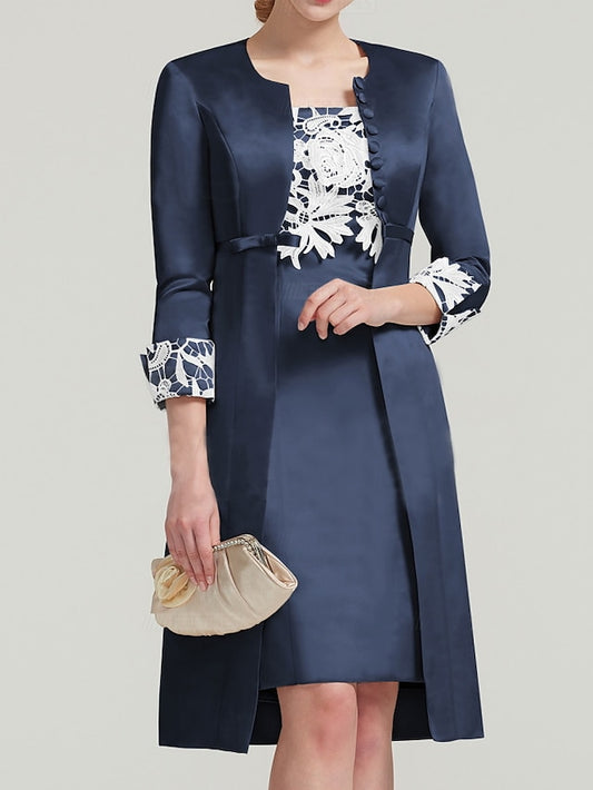Women's Dress - Dress Set Two Piece Dress Sheath Dress Midi Dress Navy Blue 3/4 Length Sleeve Floral Layered Winter Fall Spring Crew Neck Modern Winter Dress Wedding Guest Fall Dress 2023 S M L XL 2XL 3XL