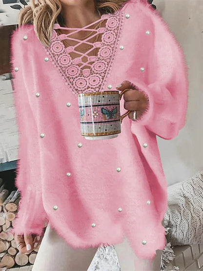 Women's Cardigan Sweater V Neck Fuzzy Knit Polyester Lace Trims Fall Winter Regular Outdoor Going out Weekend Stylish Casual Soft Long Sleeve Pure Color White Pink S M L