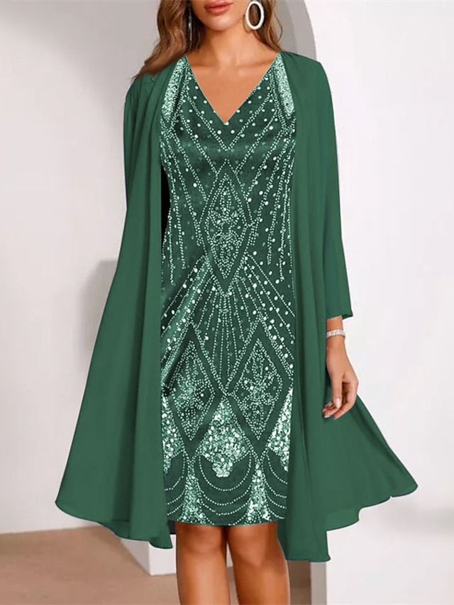Women's Dress - Dress Set Two Piece Dress Church Dress Midi Dress Black Wine Purple Long Sleeve Geometric Print Summer Spring Fall V Neck Fashion Wedding Guest Spring Dress 2023 M L XL XXL 3XL