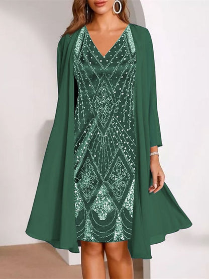 Women's Dress - Dress Set Two Piece Dress Church Dress Midi Dress Black Wine Purple Long Sleeve Geometric Print Summer Spring Fall V Neck Fashion Wedding Guest Spring Dress 2023 M L XL XXL 3XL