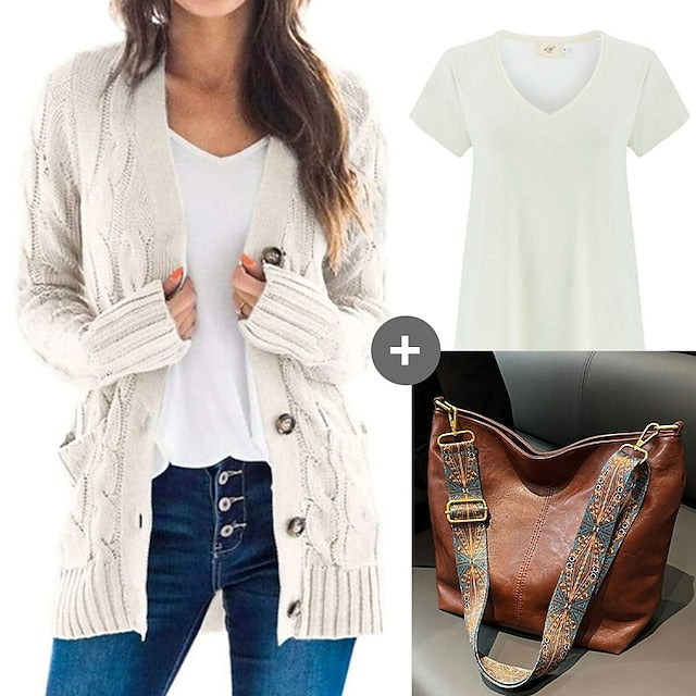 Spring Outfits - Women's Sweater Cardigans & T-Shirt & Bag Set Cable-Knit Buttoned Cardigan with Pockets and Blouse T shirt Tee Basic