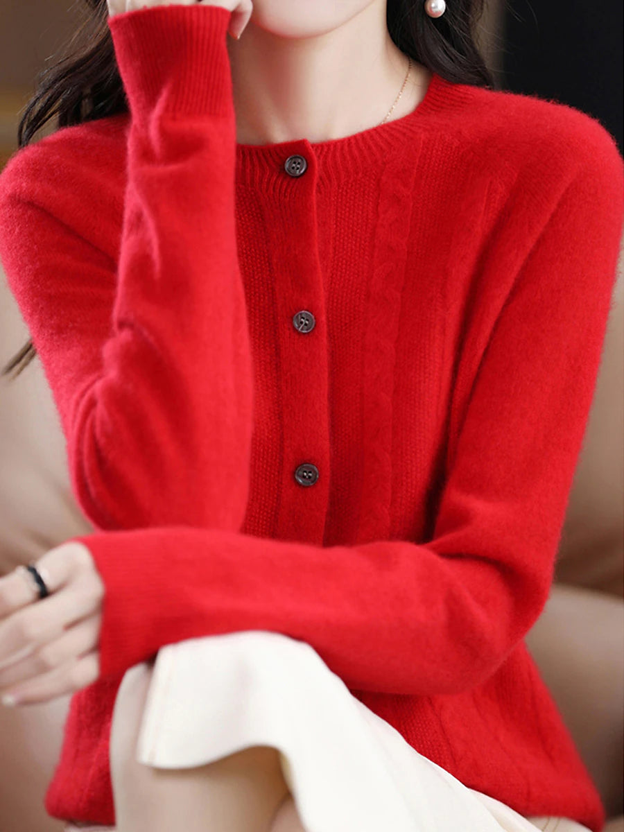 Women's Cardigan Sweater Jacket Crew Neck Cable Knit Polyester Button Knitted Fall Winter Regular Outdoor Valentine's Day Daily Streetwear Stylish Casual Long Sleeve Pure Color Pink Red Orange S M L