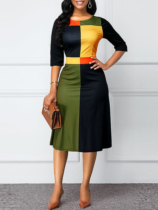 Women's Dress - Sheath Dress Church Dress Midi Dress Green 3/4 Length Sleeve Color Block Patchwork Summer Spring Crew Neck Elegant 2023 S M L XL XXL