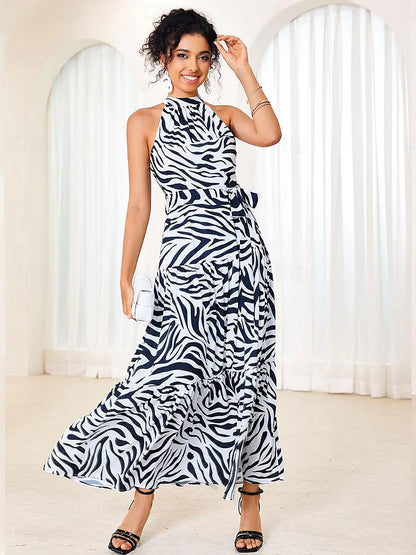 Women's Chiffon Halter Neck Maxi Dress Short Sleeve Summer