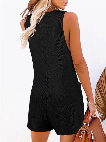 Jumpsuits for Women Summer Overall Button Pocket Solid Color U Neck Basic Daily Vacation Regular Fit Sleeveless Black Pink Wine S M L Spring - LuckyFash™
