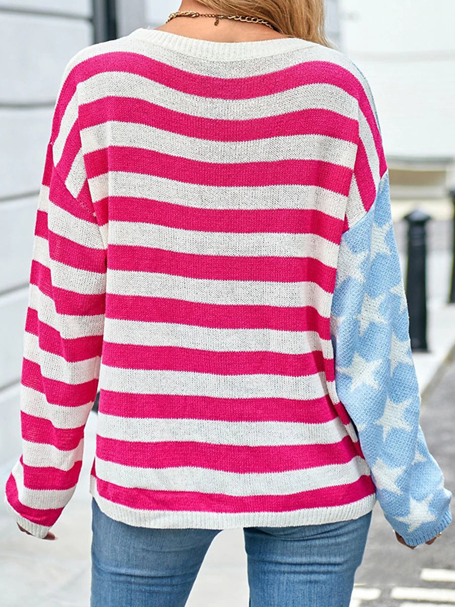 Women's Pullover Sweater Jumper Crew Neck Ribbed Knit Acrylic Patchwork Summer Spring Daily Going out Weekend Stylish Casual Soft Long Sleeve Star Striped Fuchsia Khaki S M L