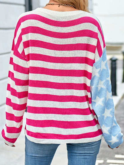 Women's Pullover Sweater Jumper Crew Neck Ribbed Knit Acrylic Patchwork Summer Spring Daily Going out Weekend Stylish Casual Soft Long Sleeve Star Striped Fuchsia Khaki S M L