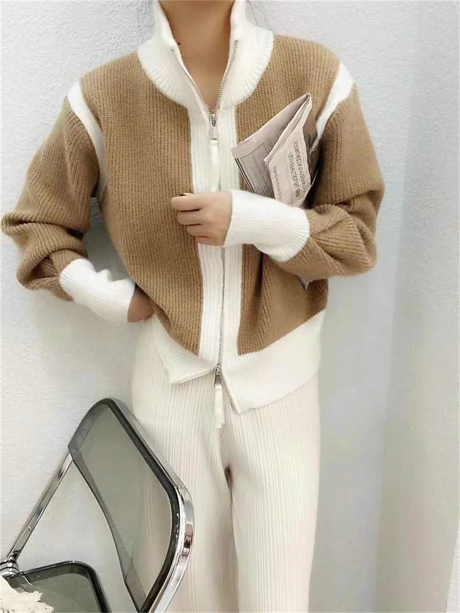 Women's Cardigan Sweater Stand Collar Ribbed Knit Knit Patchwork Zipper Fall Winter Regular Outdoor Daily Going out Stylish Casual Soft Long Sleeve Color Block Black White Green S M L