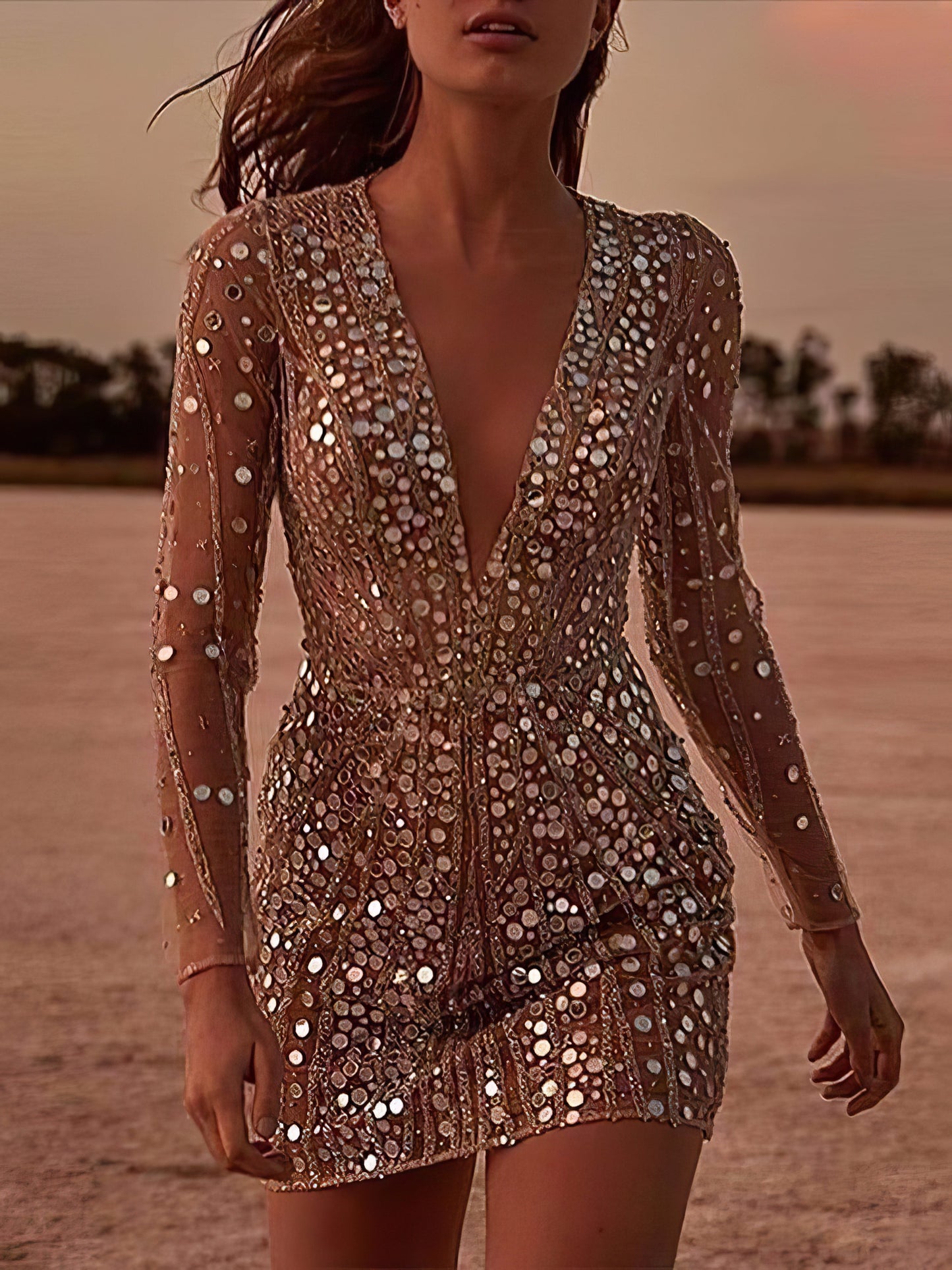 Mini Dresses - V-Neck Sequined Slim Dress - MsDressly