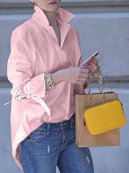 Women's Blouses Loose Solid Belted Long Sleeve Blouse