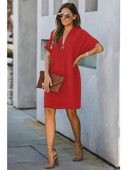 Women's Dress - Casual Dress Midi Dress Black White Yellow Short Sleeve Pure Color Summer Spring V Neck Hot  S M L XL XXL