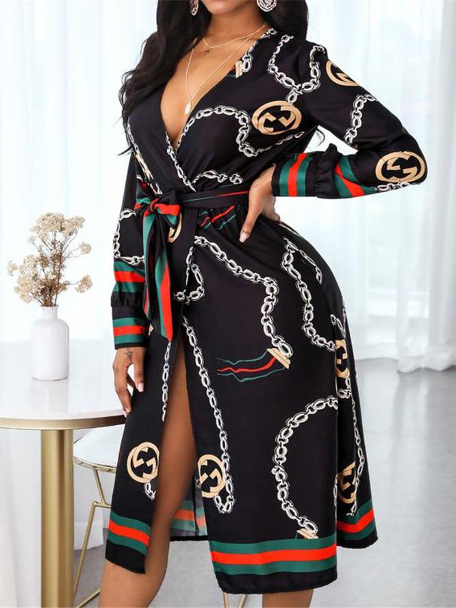 Women's Dresses Deep V-Neck Printed Lace Long Sleeve Dress