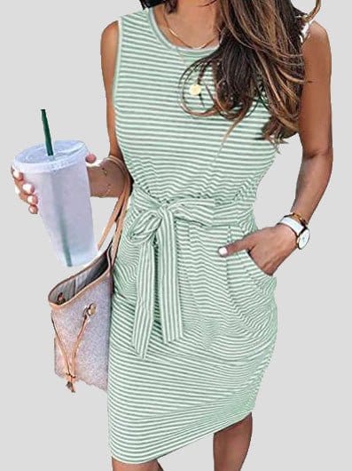 Women's Dresses Sleeveless Striped Belted Pocket Tank Dress