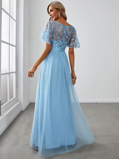 Women's Elegant Embroidered A-Line Floor Length Evening Dress