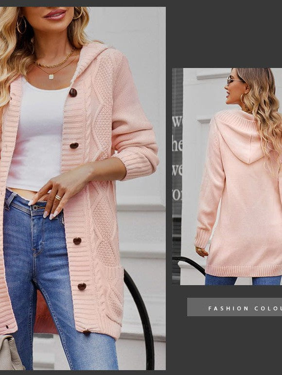 Women's Elegant Hooded Cardigan Jacket in Solid Colors with Twist Design - Long Sleeve Fashion Apparel for Trendy Street Style