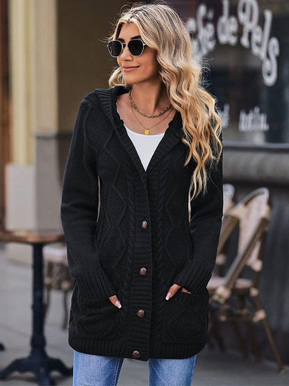 Women's Elegant Hooded Cardigan Jacket in Solid Colors with Twist Design - Long Sleeve Fashion Apparel for Trendy Street Style