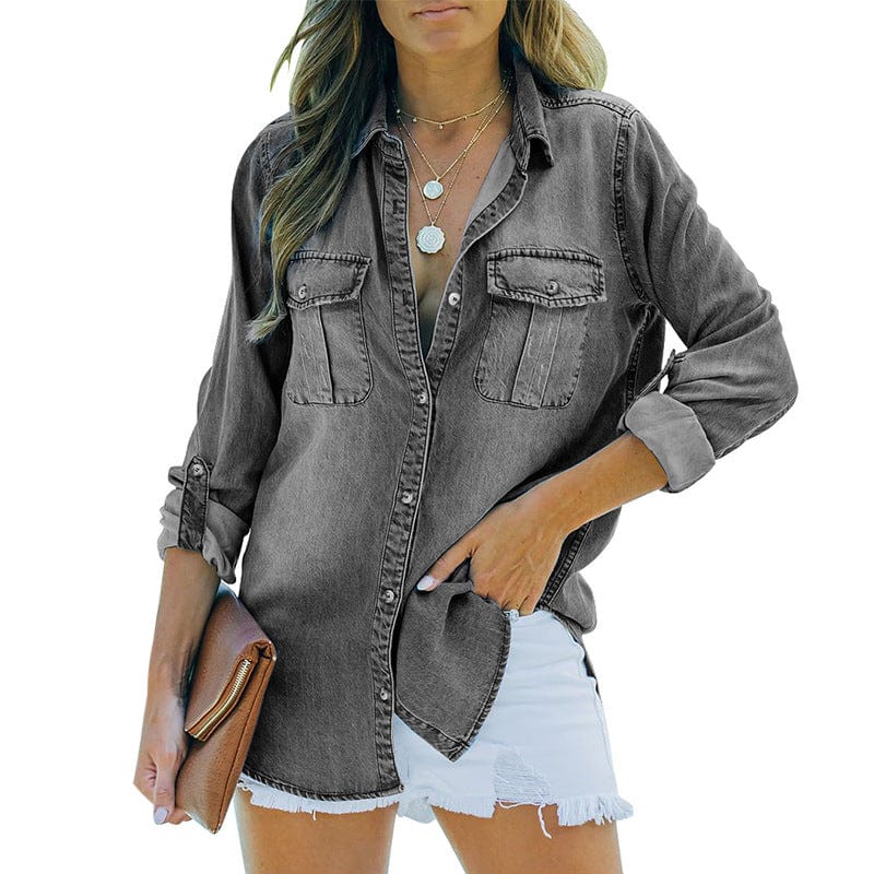 Women's Loose Fit Long-Sleeve Denim Shirt with Frayed Edge