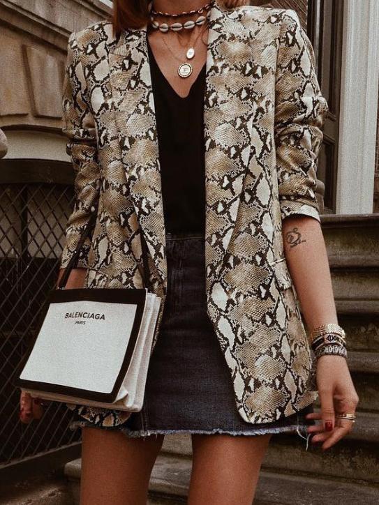 Blazers - Snake Print Lapel Long Sleeve Slim Blazer - MsDressly