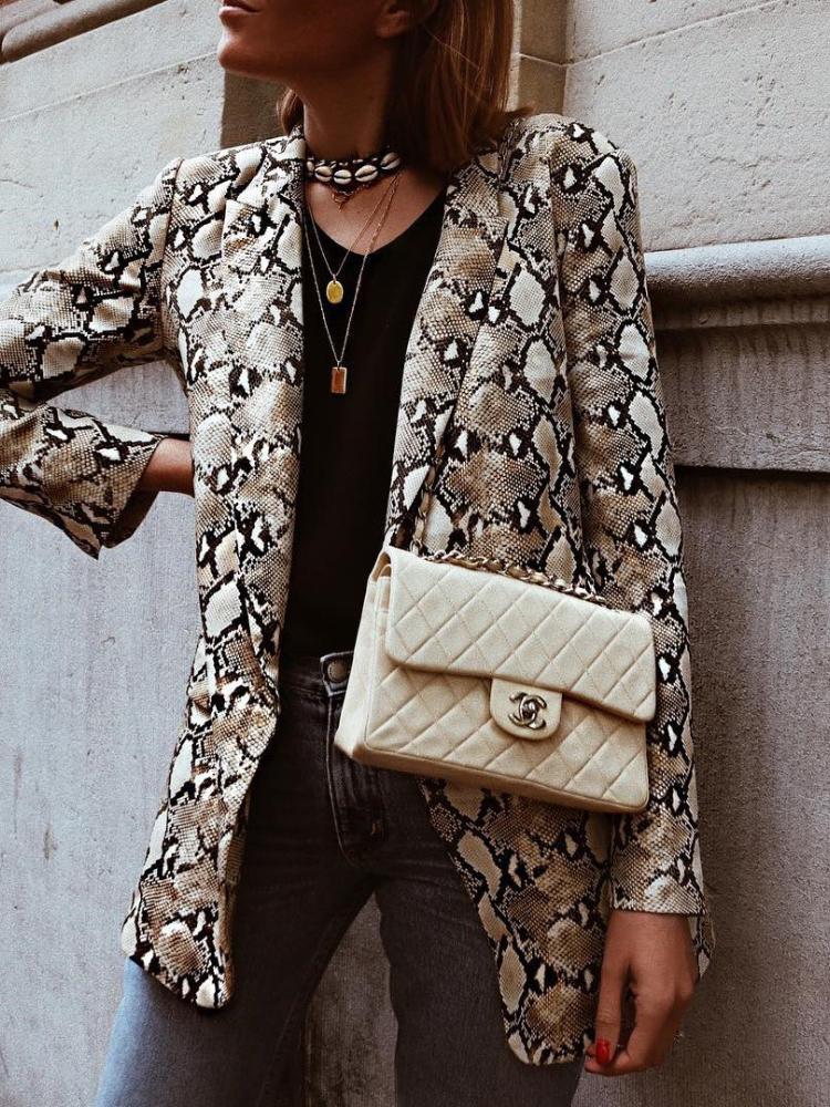 Blazers - Snake Print Lapel Long Sleeve Slim Blazer - MsDressly