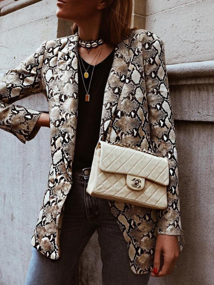 Blazers - Snake Print Lapel Long Sleeve Slim Blazer - MsDressly