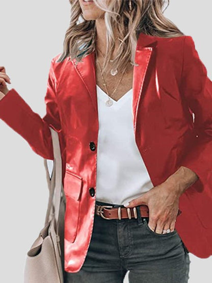 Blazers - Lapel PU Leather Long Sleeve Blazers - MsDressly