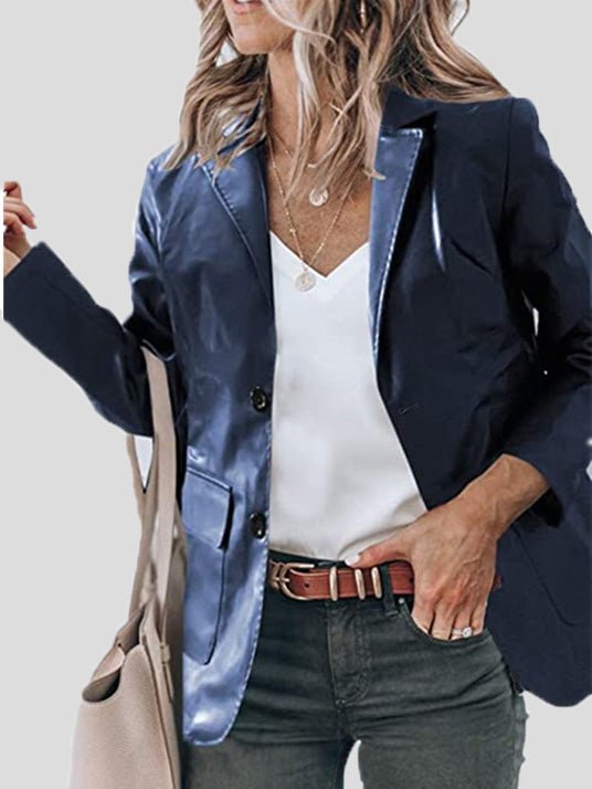 Blazers - Lapel PU Leather Long Sleeve Blazers - MsDressly