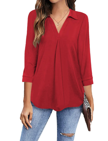 Blouses - Collared V Neck Casual Loose Blouse - MsDressly