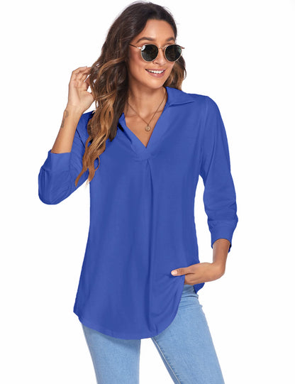 Blouses - Collared V Neck Casual Loose Blouse - MsDressly