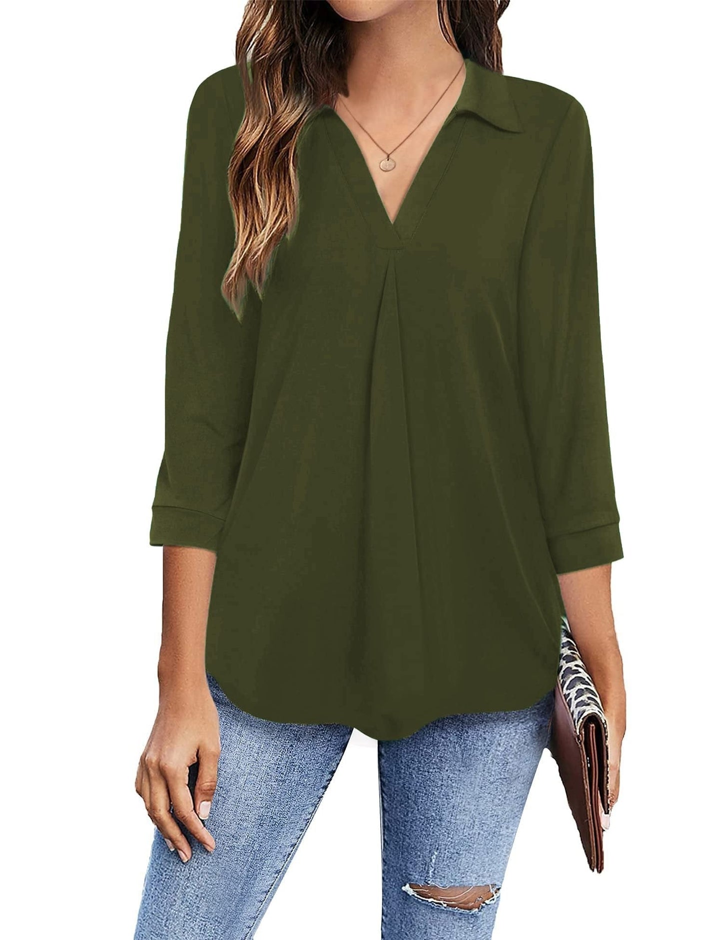 Blouses - Collared V Neck Casual Loose Blouse - MsDressly