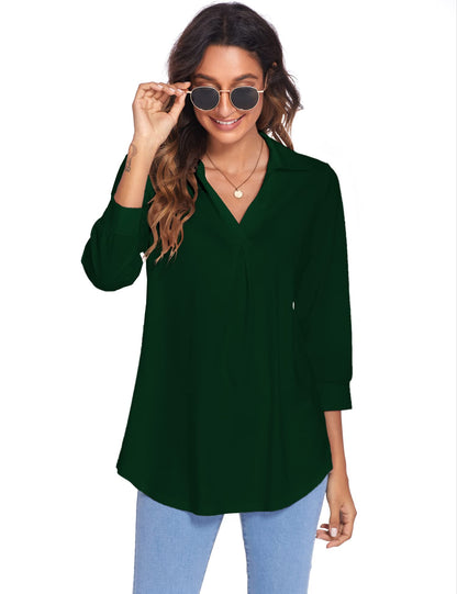 Blouses - Collared V Neck Casual Loose Blouse - MsDressly