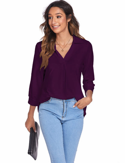 Blouses - Collared V Neck Casual Loose Blouse - MsDressly