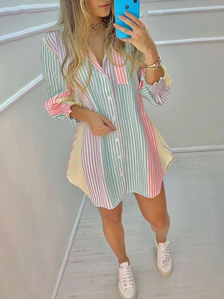 Blouses - Commuting Lapel Printed V-Neck Long Sleeved Button Blouse - MsDressly