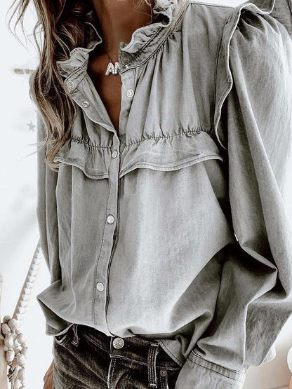 Blouses - Doll Collar Long Sleeve Button Denim Blouse - MsDressly
