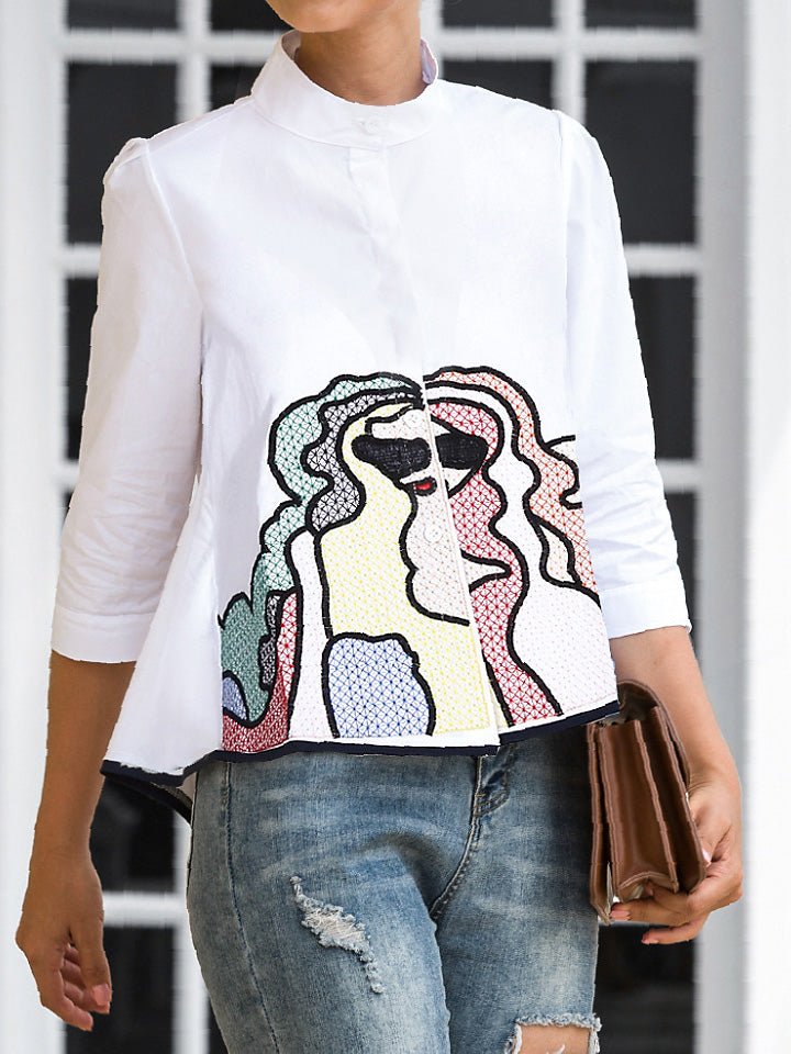 Blouses - Embroidered Button Mid Sleeve Casual Blouse - MsDressly