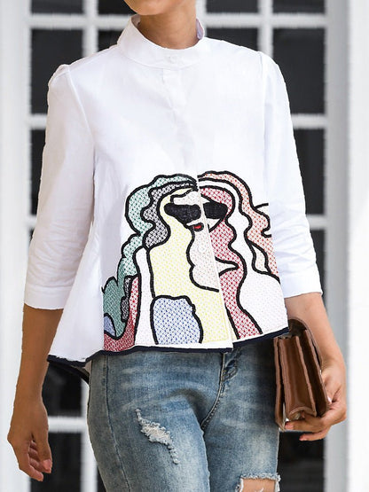 Blouses - Embroidered Button Mid Sleeve Casual Blouse - MsDressly